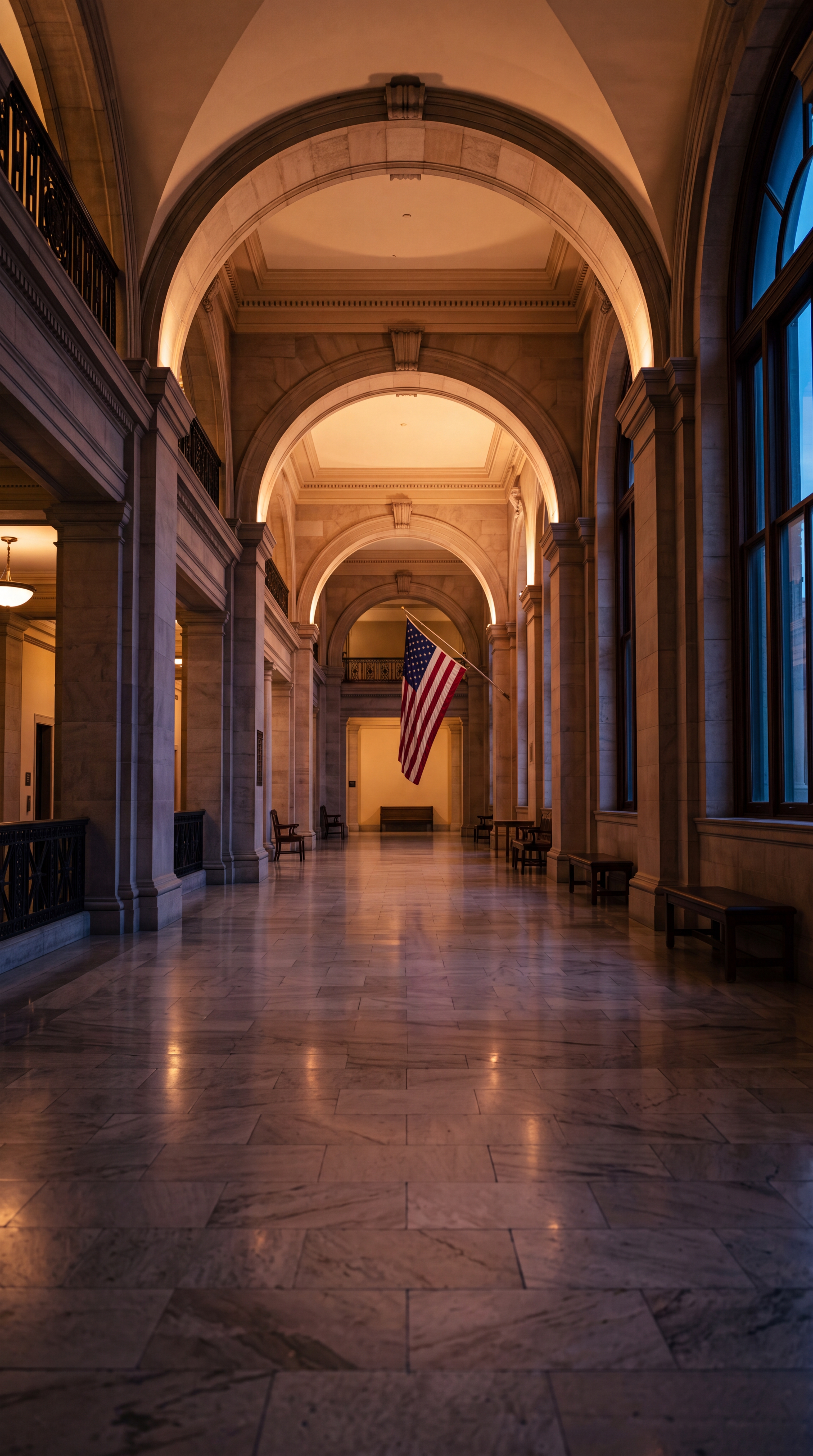 A hallway with arches and an American flag hanging in the center.