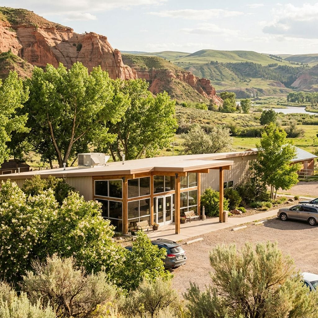 A modern building surrounded by greenery and mountains in the background.