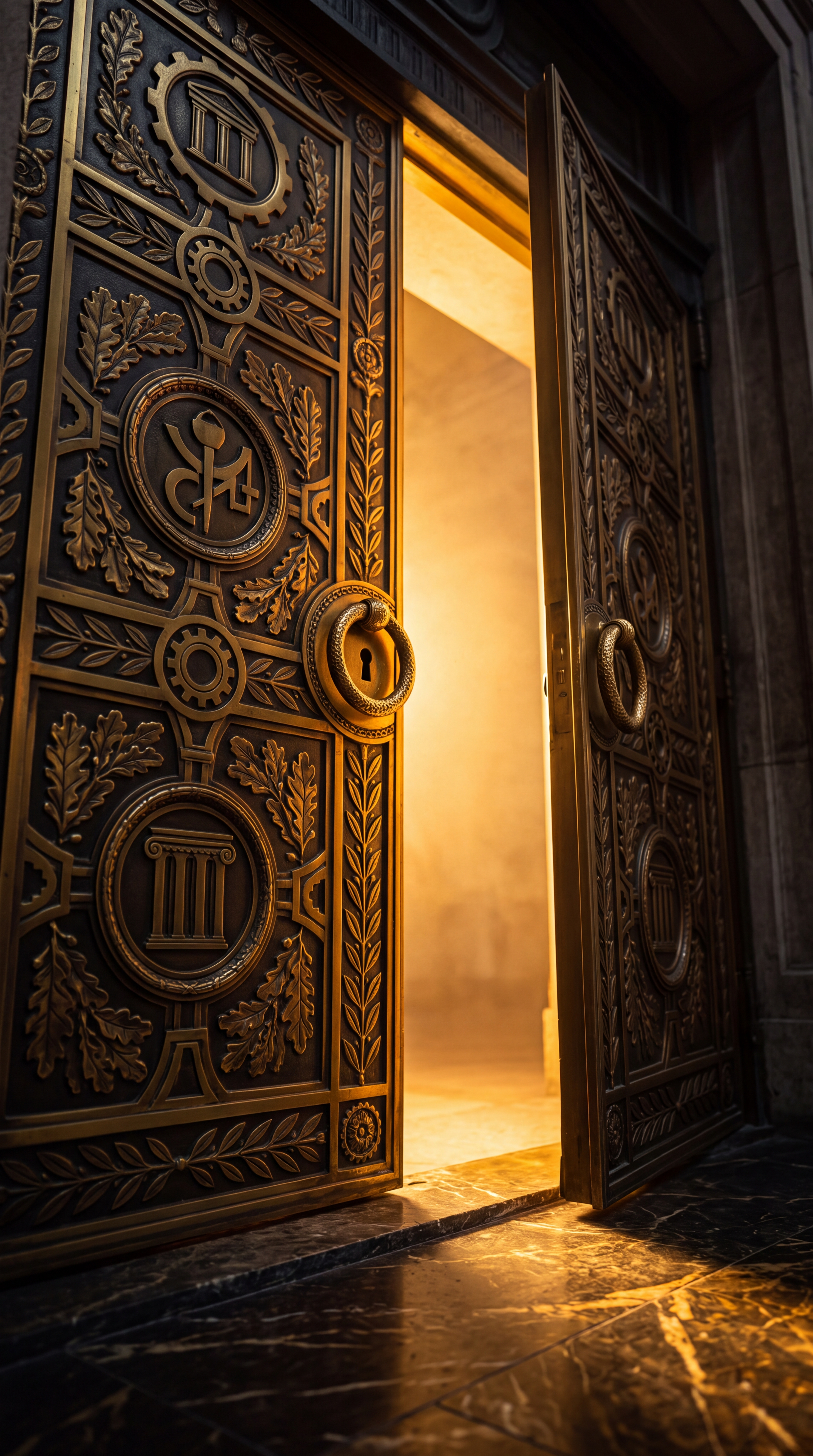 An ornate door is partially open, revealing a warm light inside.