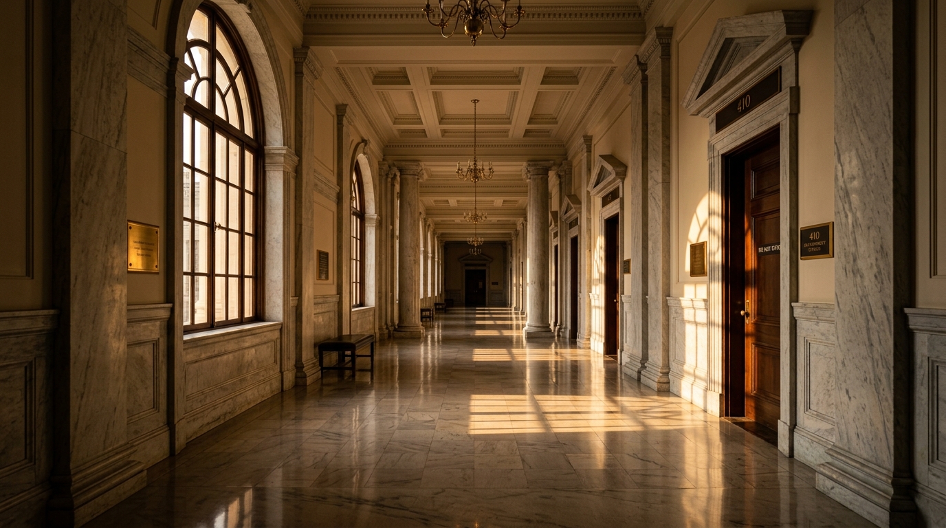 A well-lit corridor with marble flooring and large windows casting shadows.