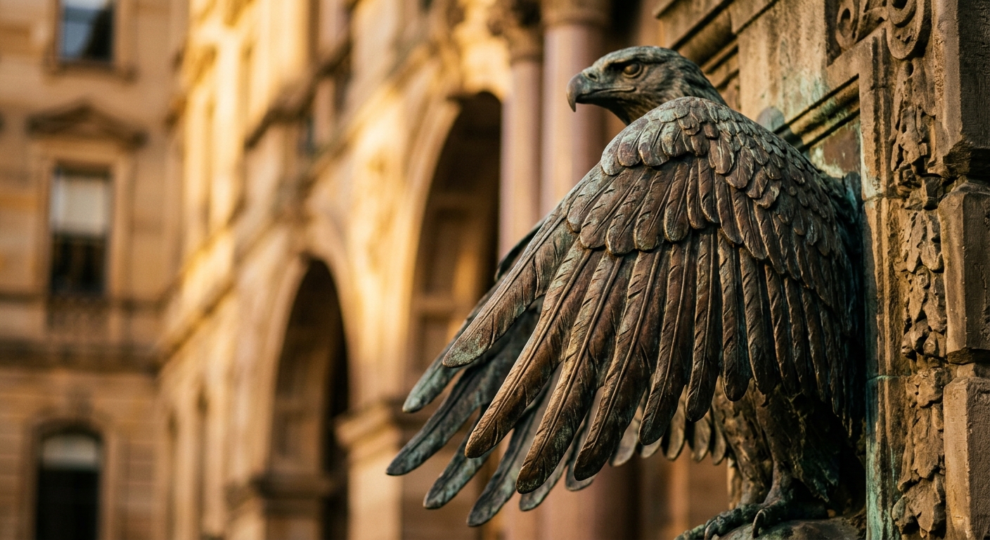 A close-up of a bronze eagle sculpture with detailed feathers.