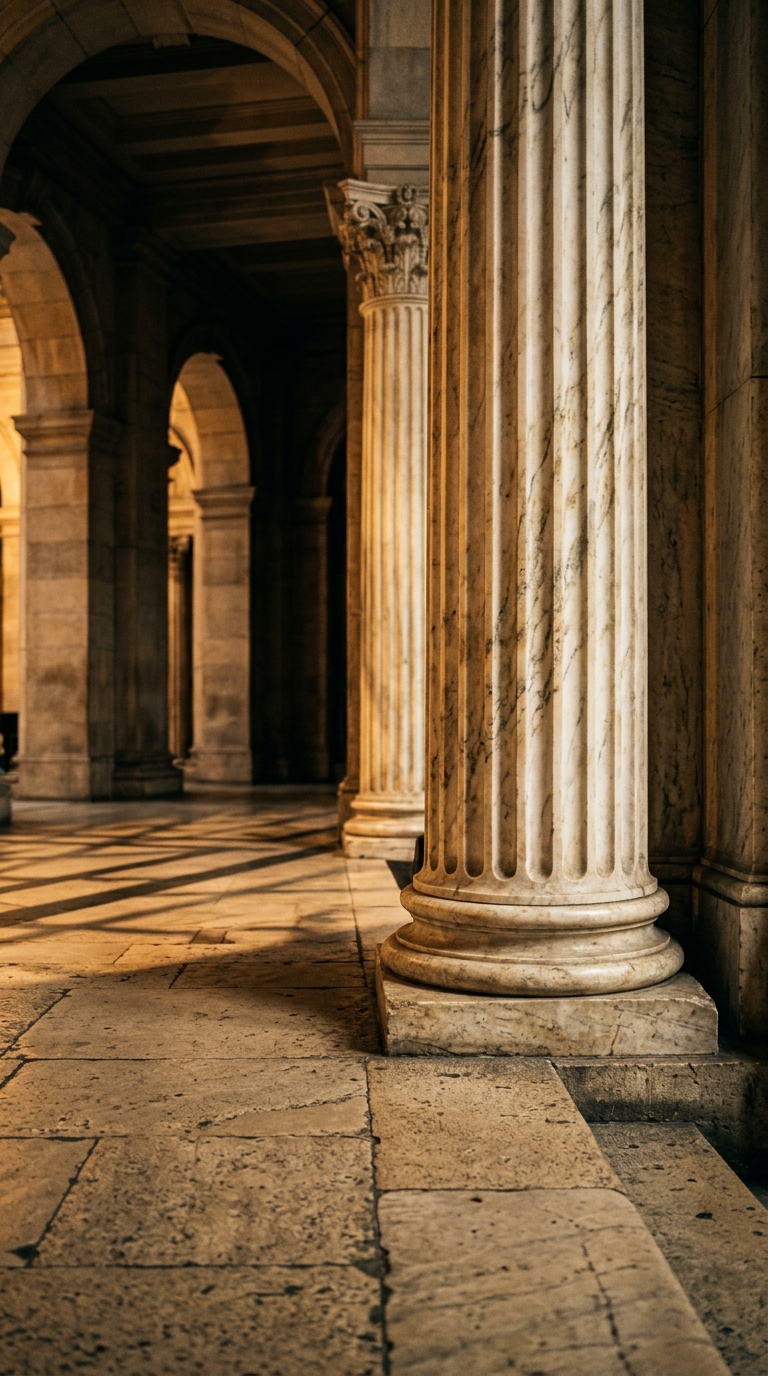The image shows a close-up view of marble columns in an architectural space.