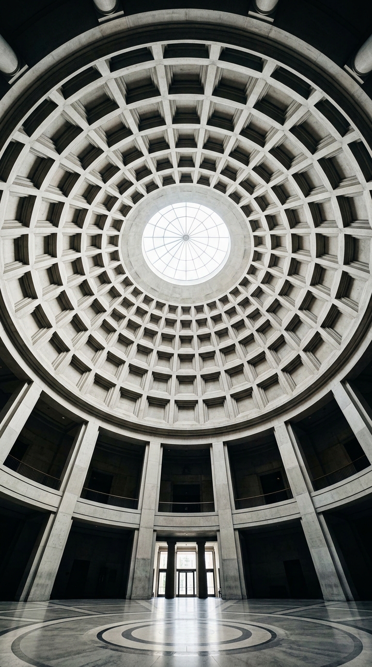A large circular dome with a skylight in a modern architectural space.
