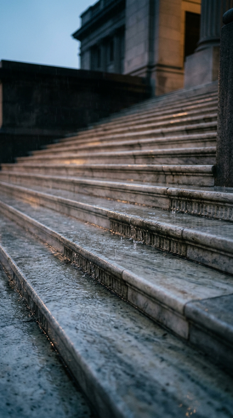 Water flows down marble steps during rain.