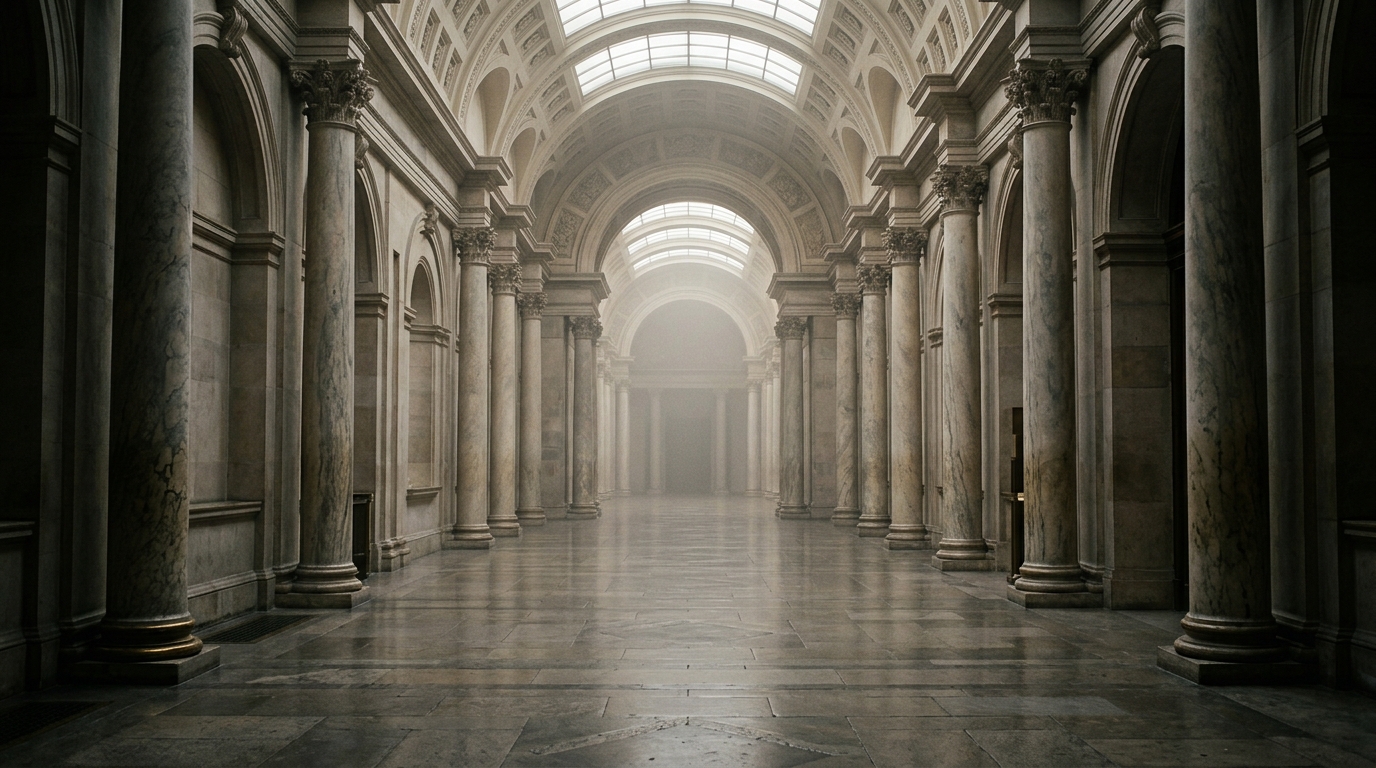A grand interior hallway with tall columns and a marble floor.