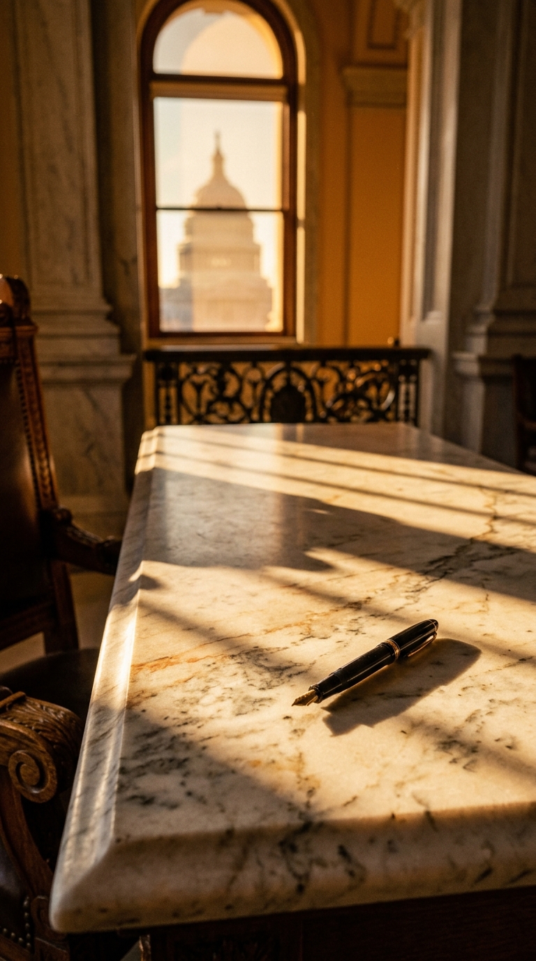A marble table with a pen sits in a room with a view of a dome in the background.