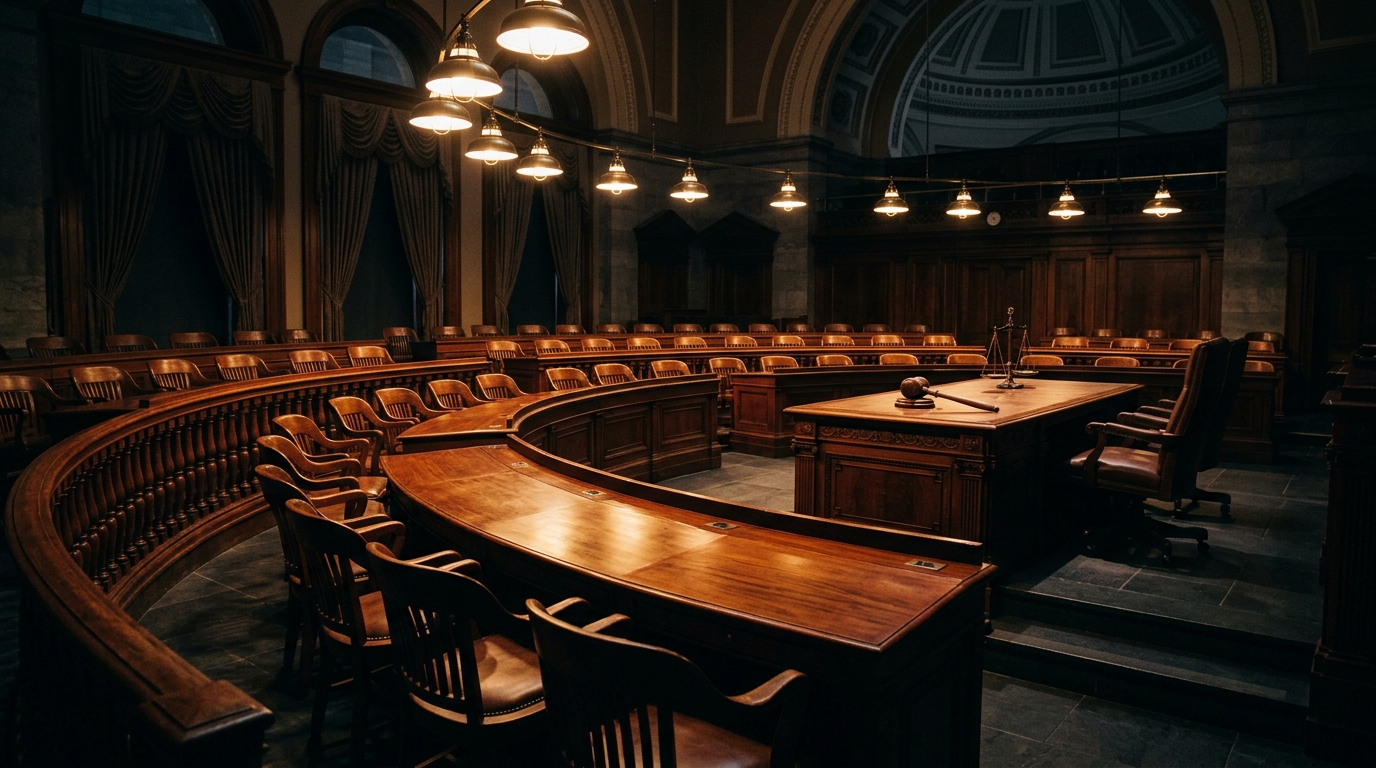 A wooden courtroom with rows of chairs and a judge's bench.