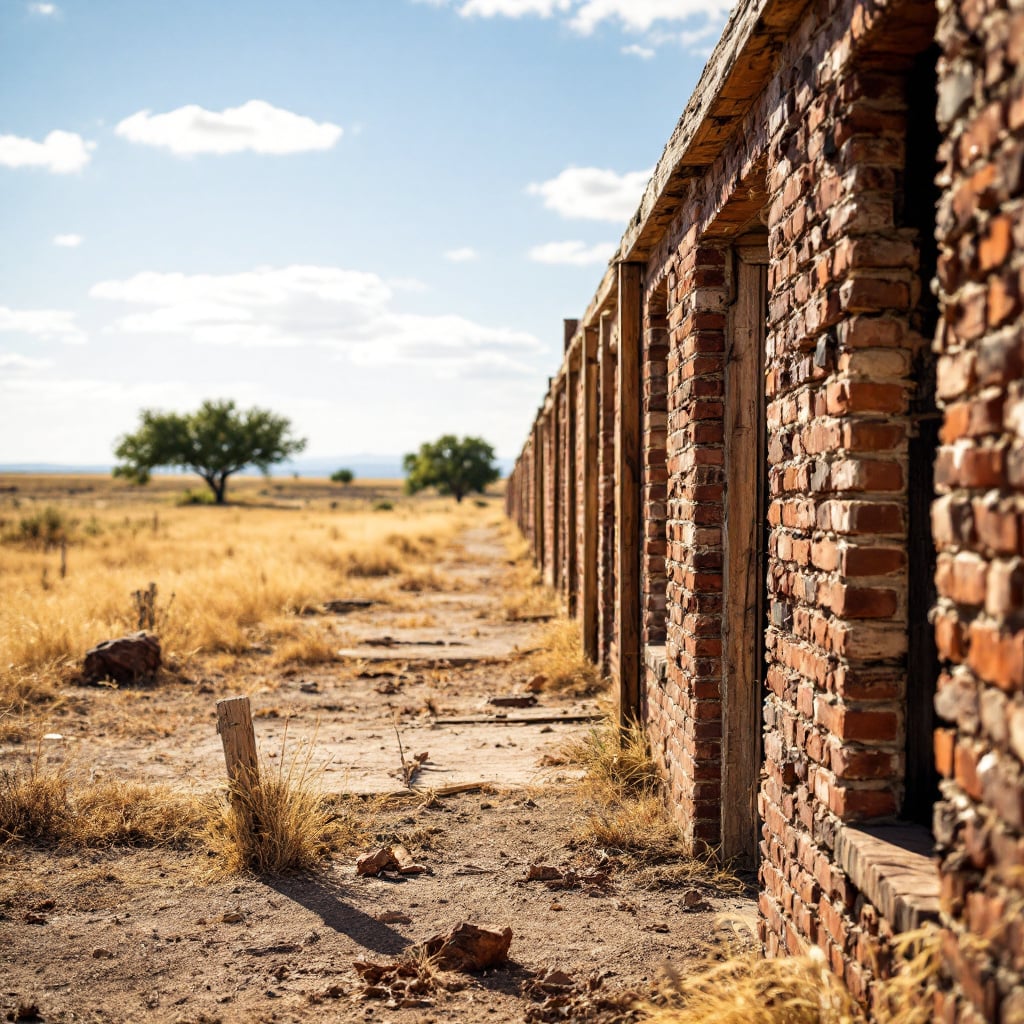 A row of weathered brick structures in a dry, grassy landscape.