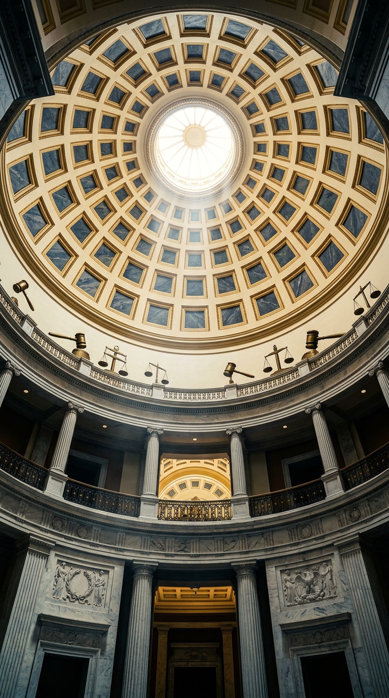 A view of a grand dome with a circular skylight and ornate architectural details.