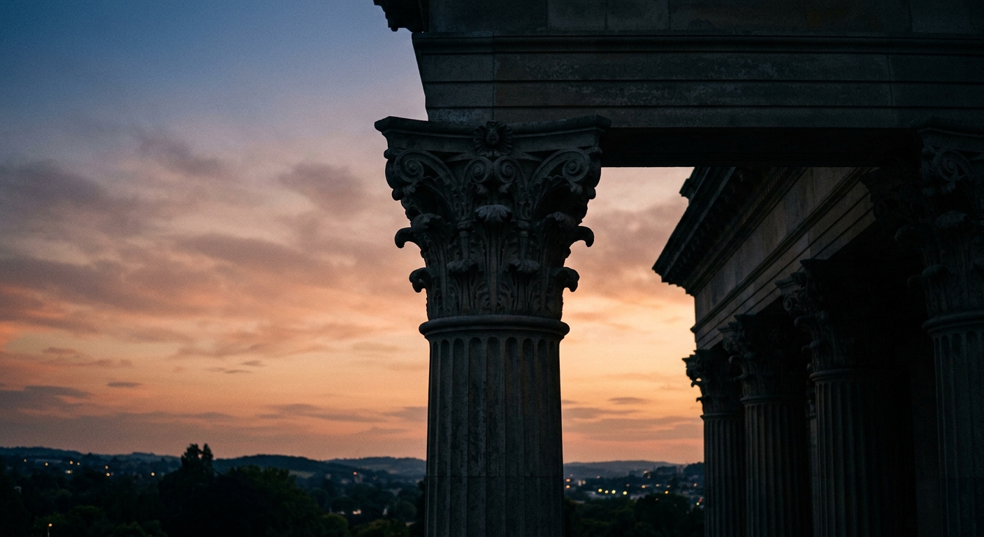 A close-up view of classical columns against a sunset sky.