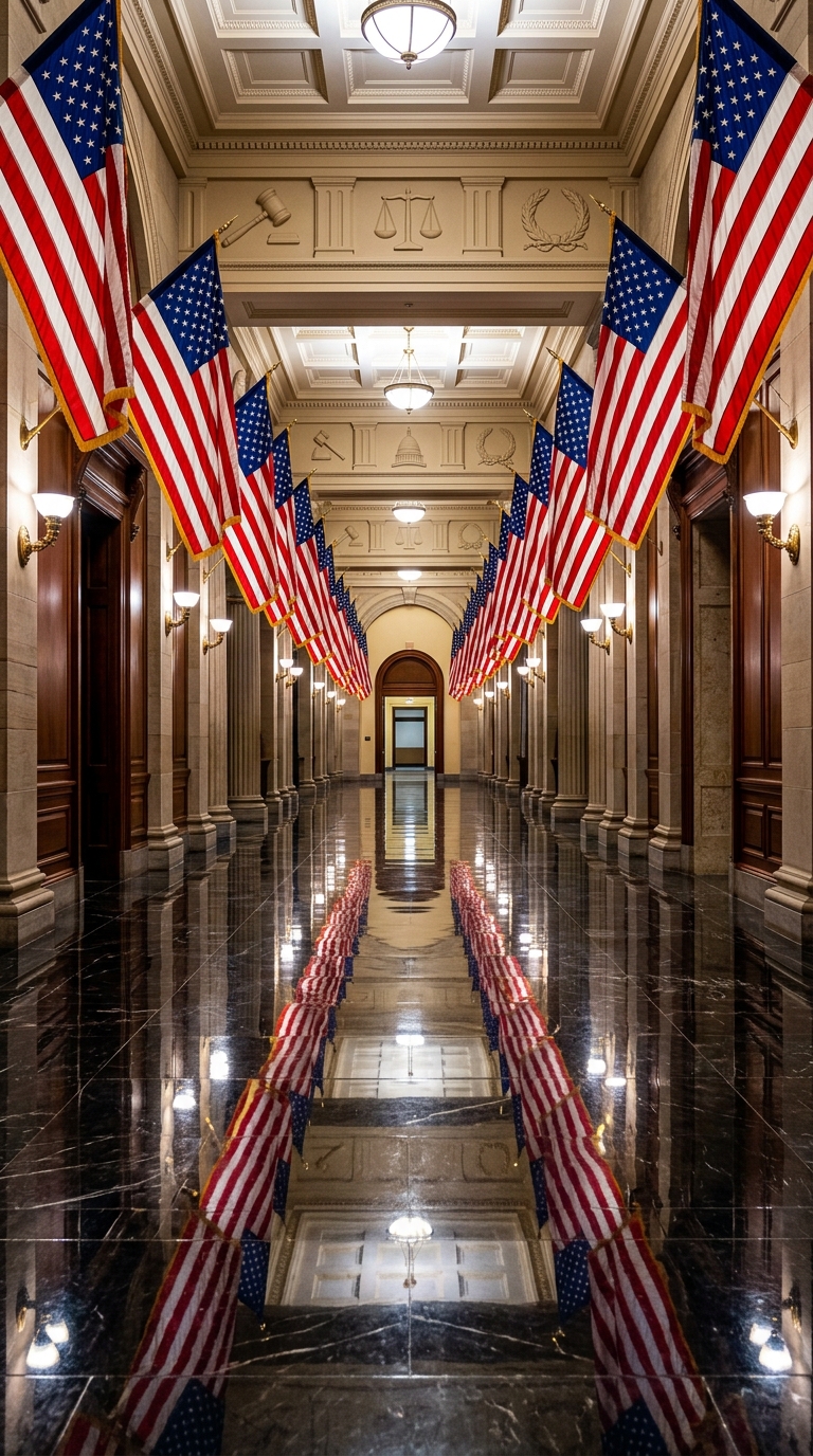 A hallway adorned with American flags reflecting on a polished floor.