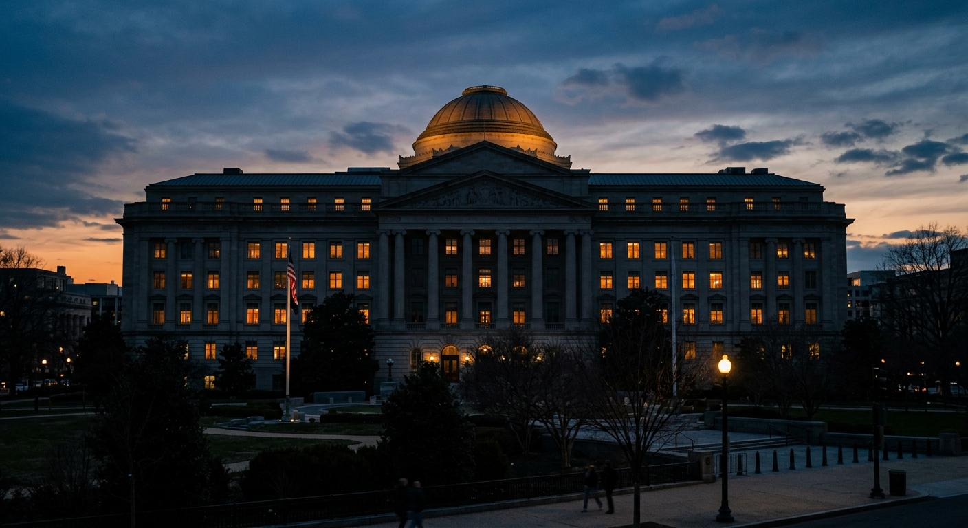 A historic government building illuminated at dusk with a dome and large windows.