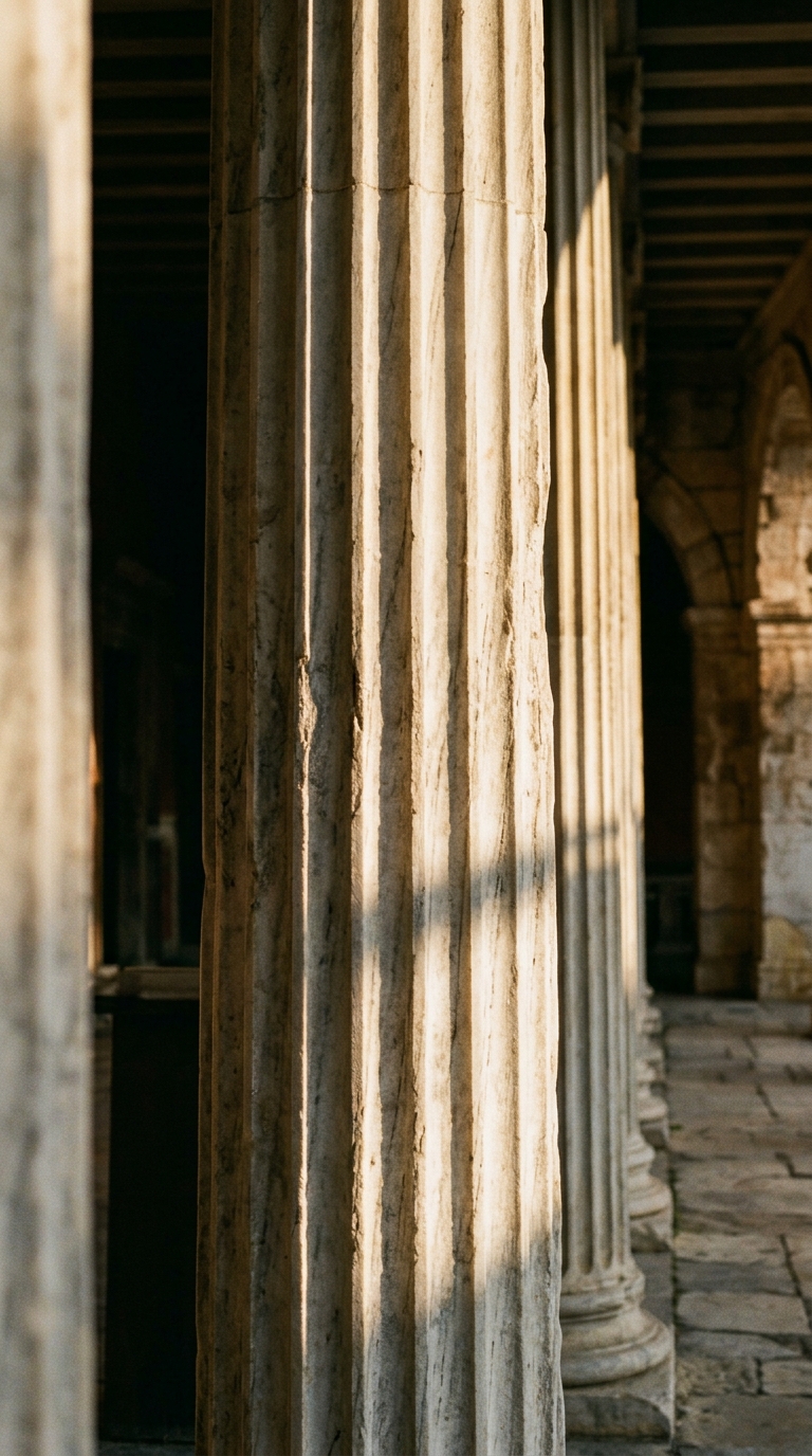 The image features a close-up view of classical marble columns in an architectural setting.