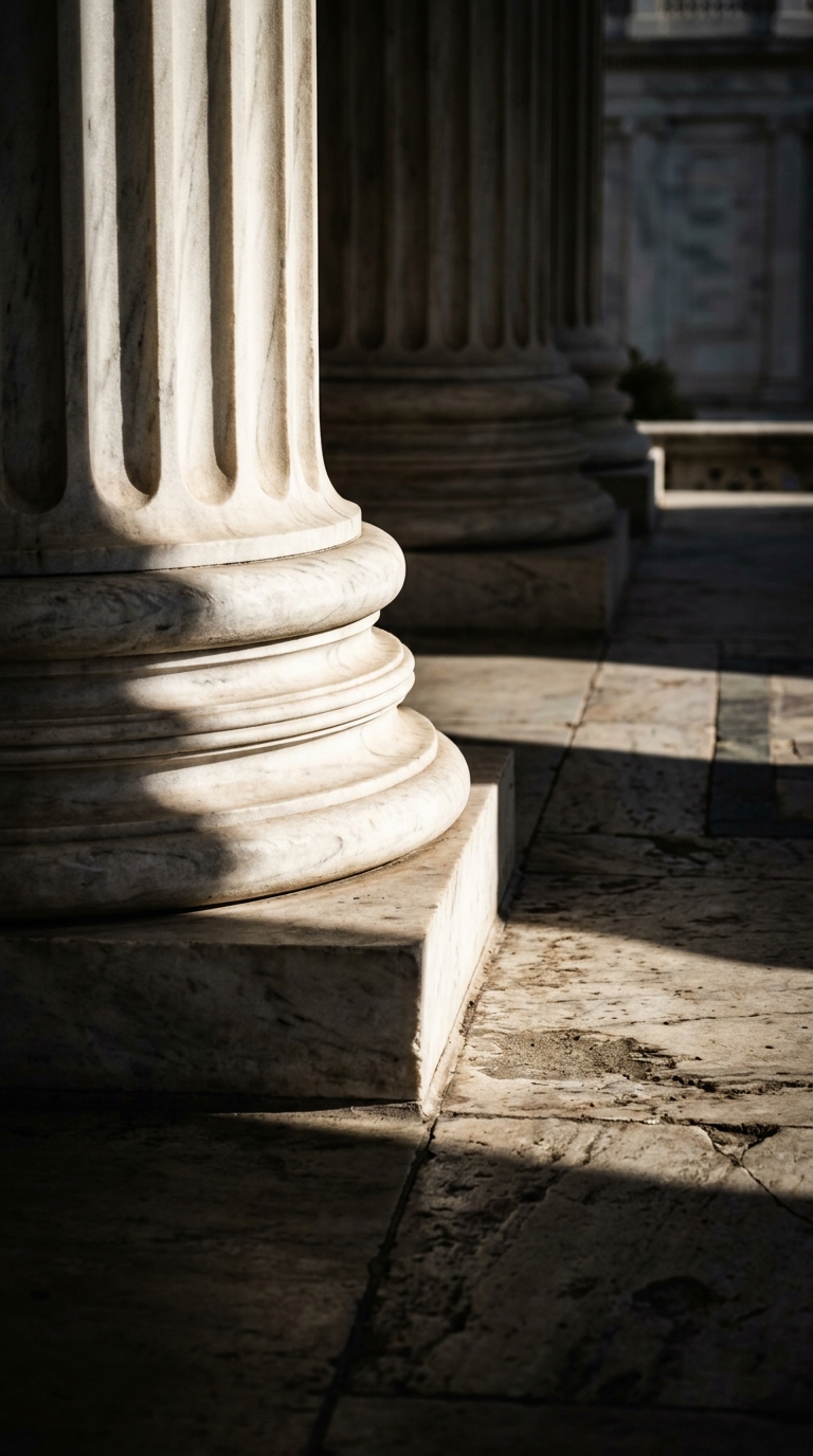 The image features close-up marble columns with intricate details and shadows.