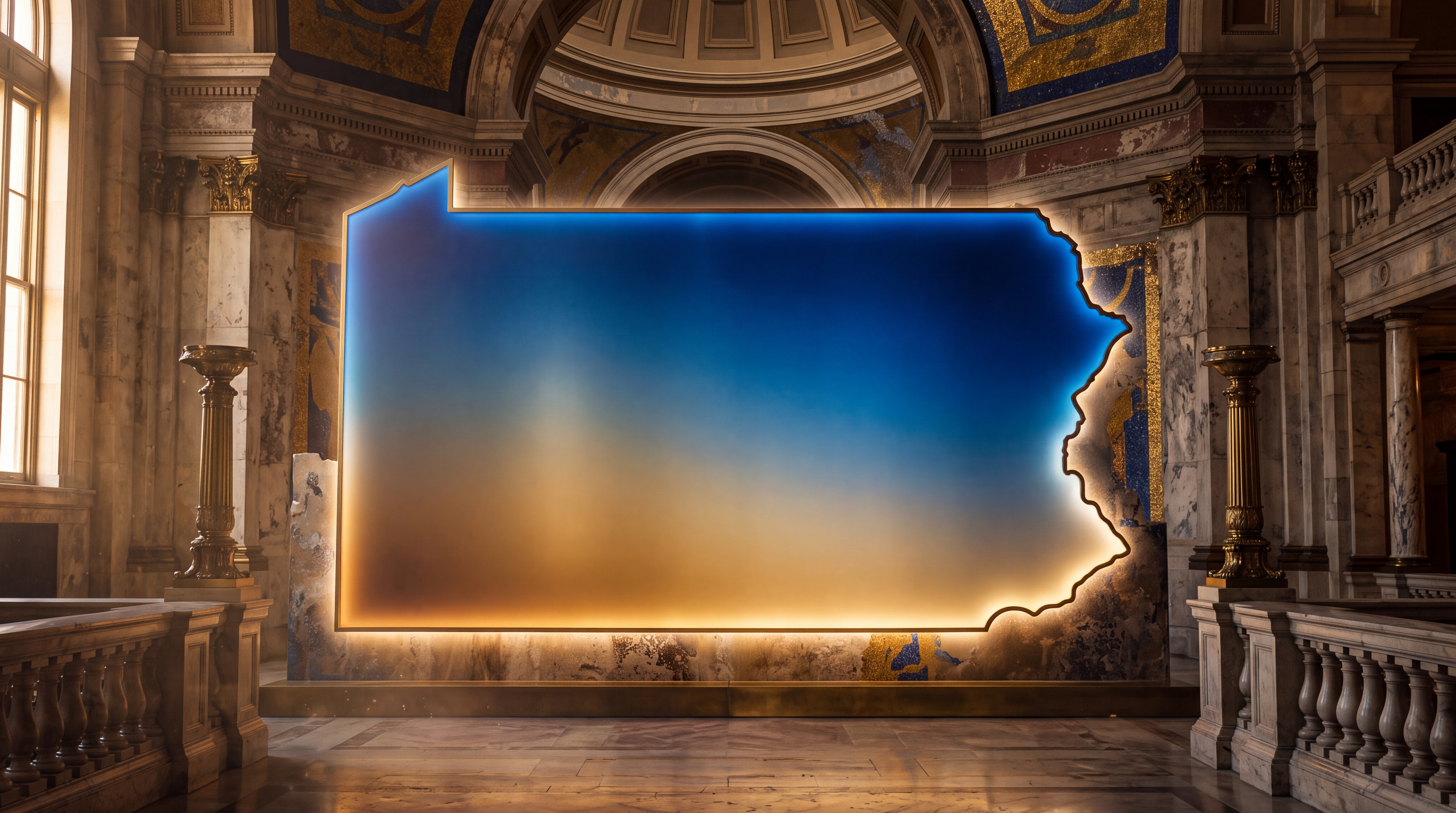 An illuminated artistic representation of the state of Pennsylvania displayed in a grand interior space.