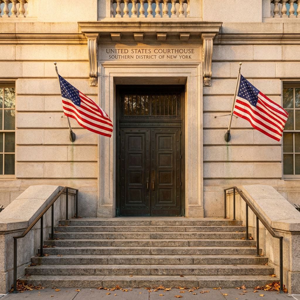 The entrance of the United States Courthouse for the Southern District of New York with two American flags displayed.