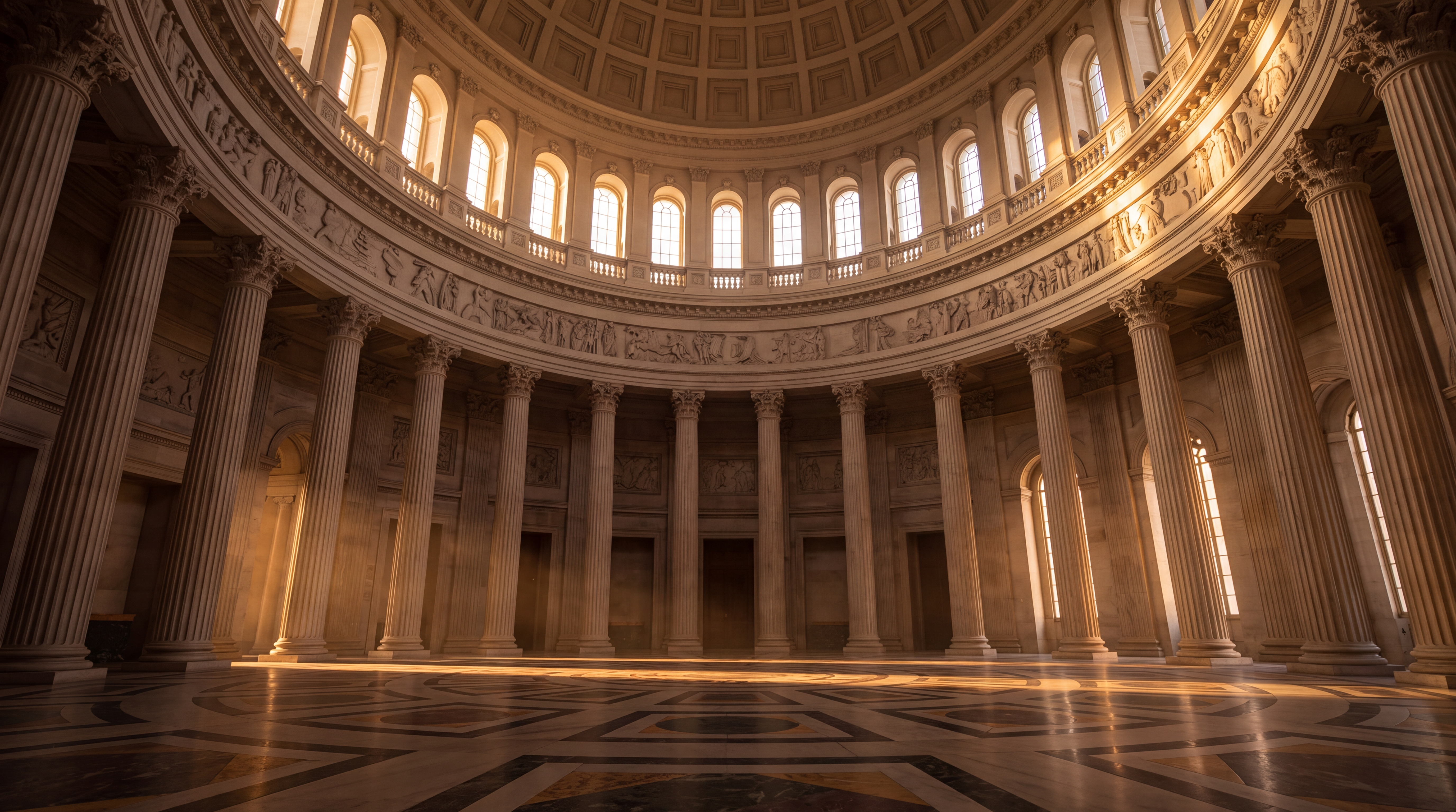 An interior view of a grand architectural space with tall columns and large windows allowing natural light to filter in.