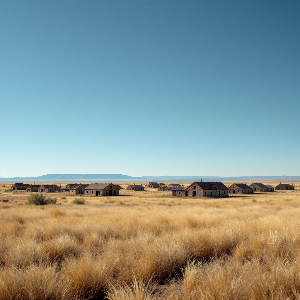 A landscape featuring abandoned buildings in a grassy field under a clear blue sky.
