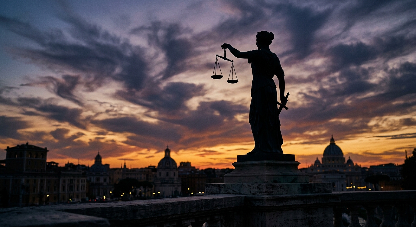 A silhouette of a statue holding scales of justice against a sunset sky.