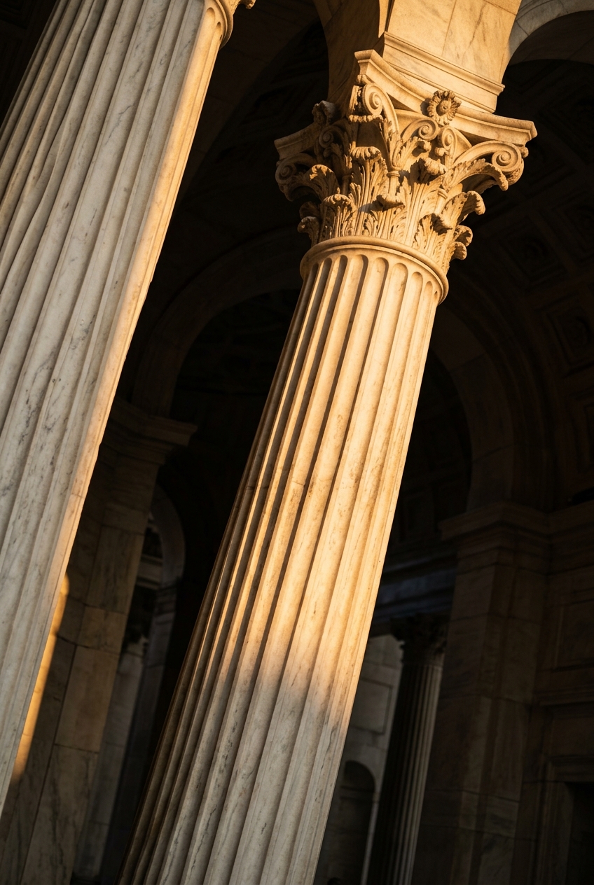 The image shows a close-up of ornate marble columns with sunlight casting shadows.