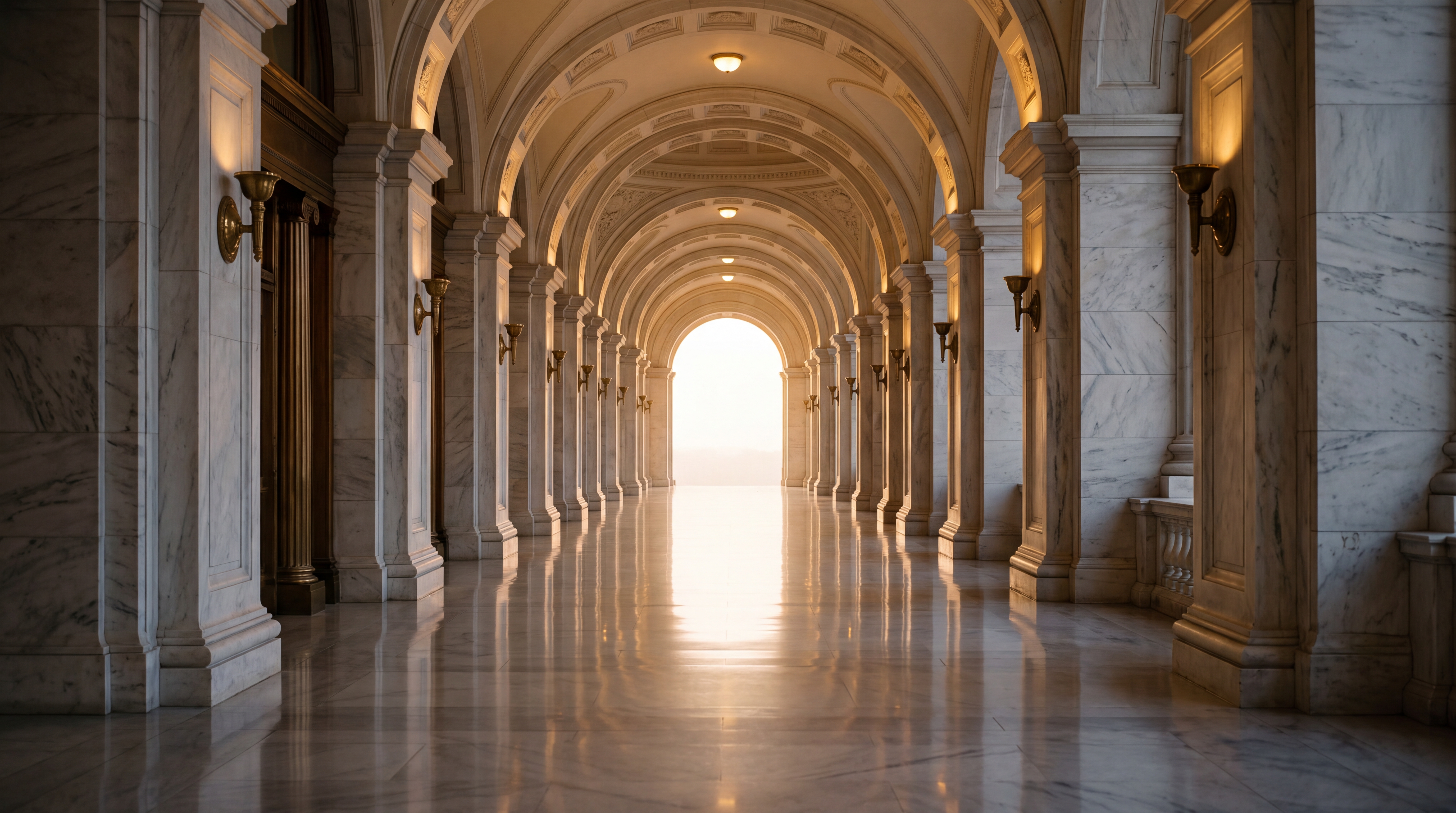 A marble hallway with arches and a bright light at the end.