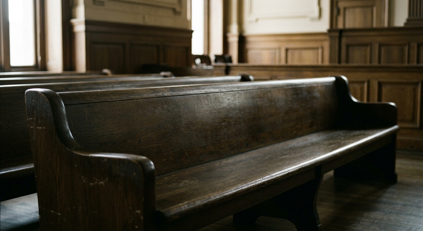 A wooden pew in a courtroom setting.