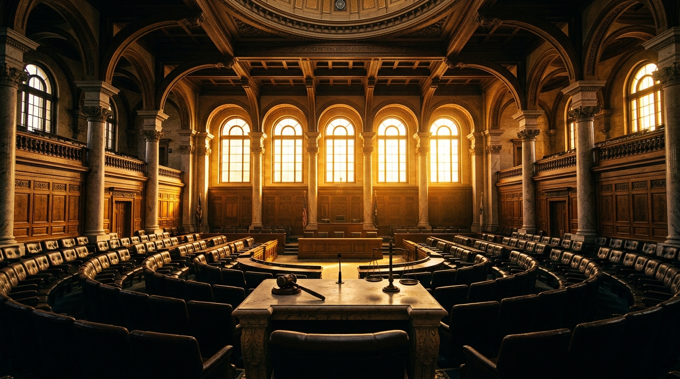 A grand courtroom with wooden paneling and large windows allowing sunlight to stream in.