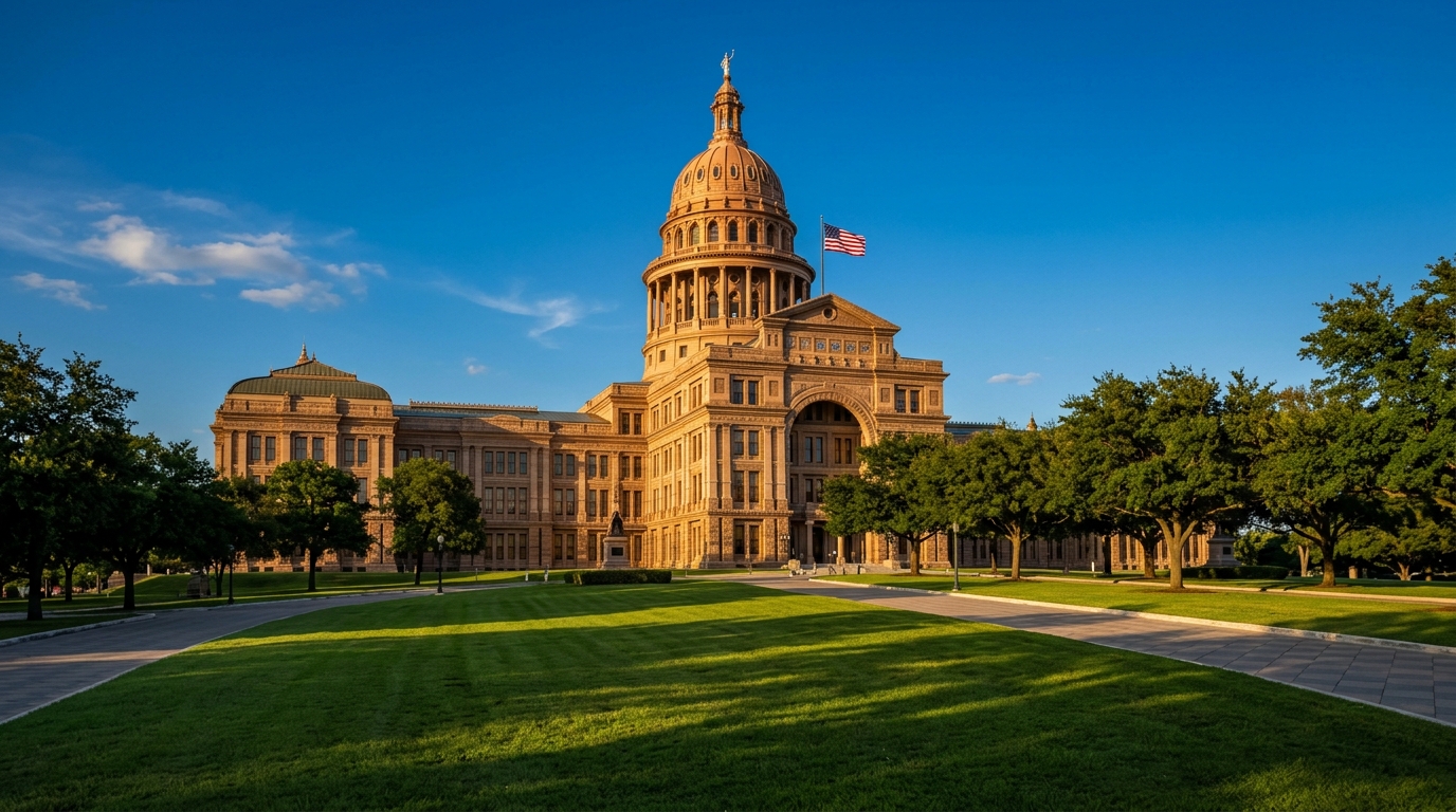 A large historic building with a dome and an American flag in front of a grassy area.