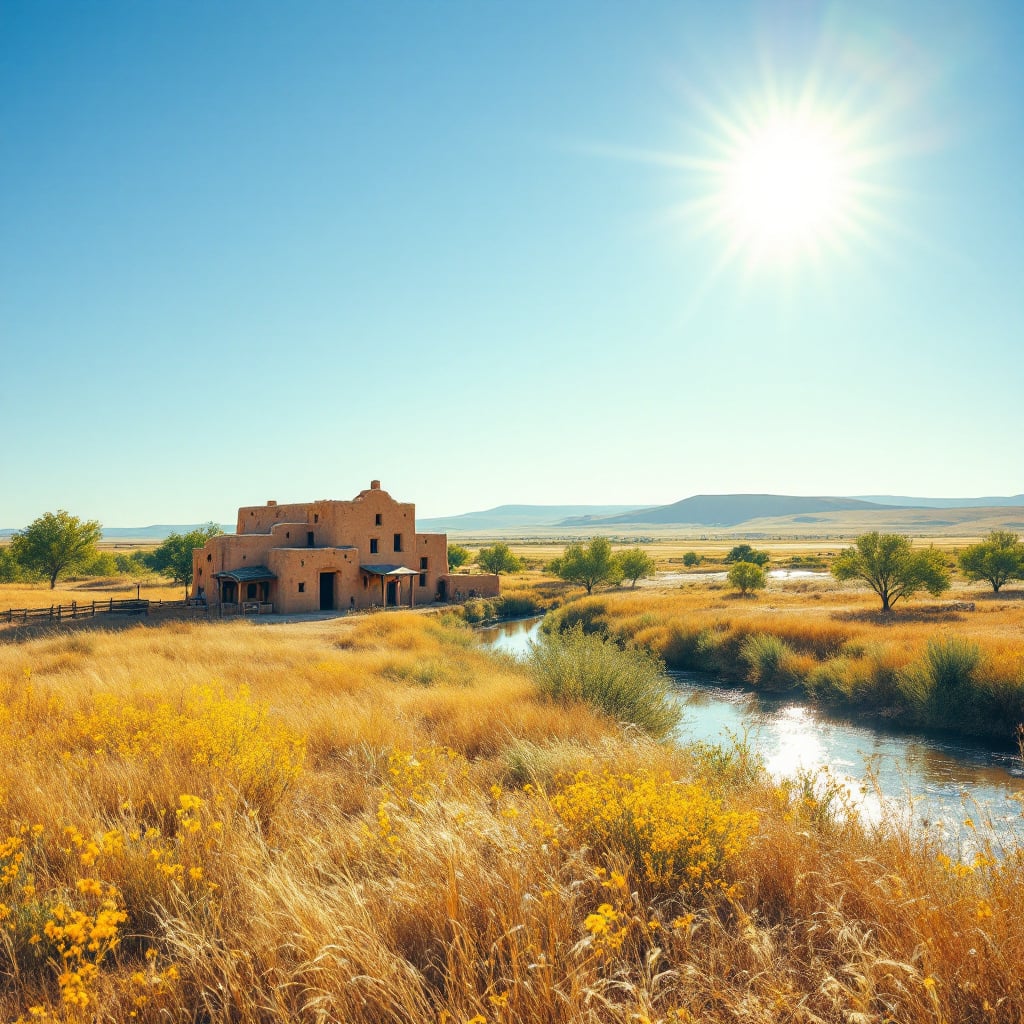 A traditional adobe house is situated near a flowing stream in a grassy landscape under a clear blue sky.