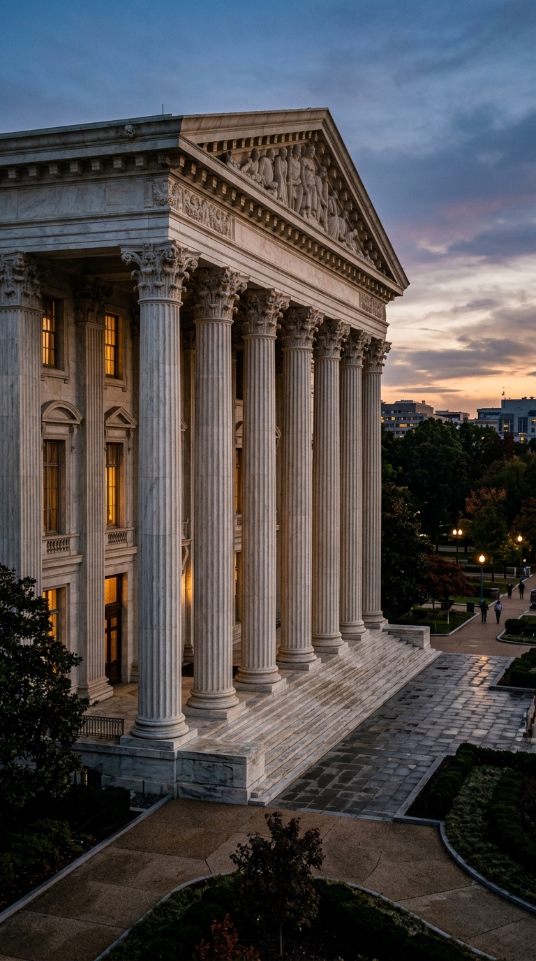 A grand building with large columns and a sunset in the background.
