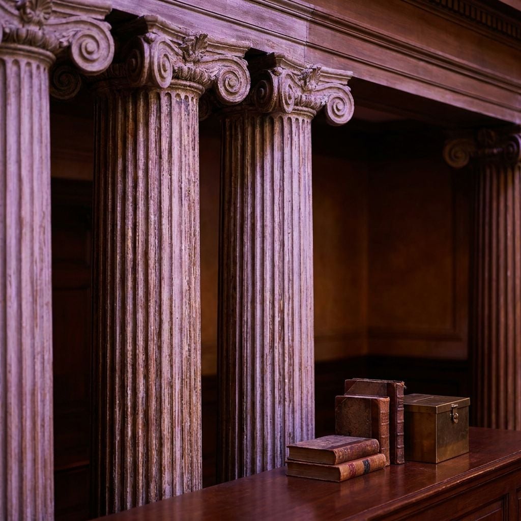 The image features classical columns and a wooden counter with books and a box.
