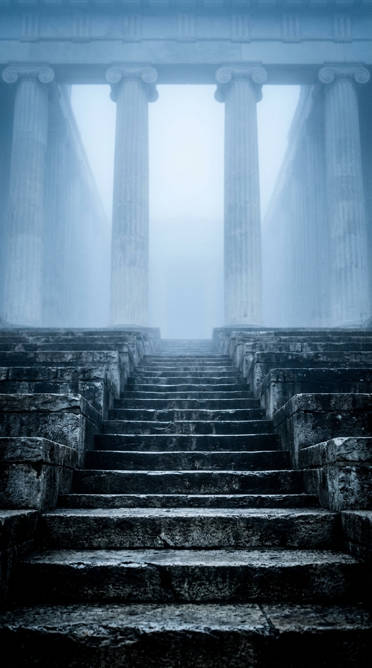 A set of stone steps leading up to a foggy structure with columns.