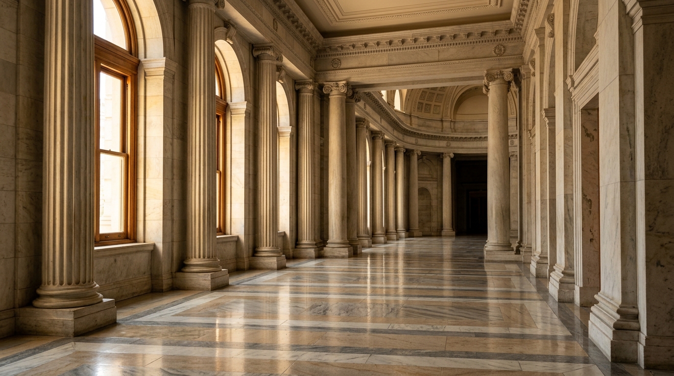 A marble corridor with tall columns and large windows.