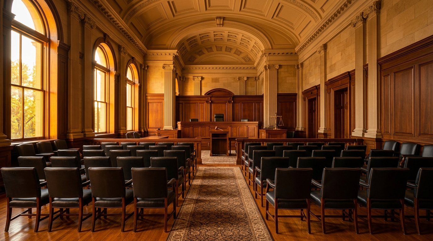 A wooden courtroom with rows of black chairs and large windows allowing natural light.