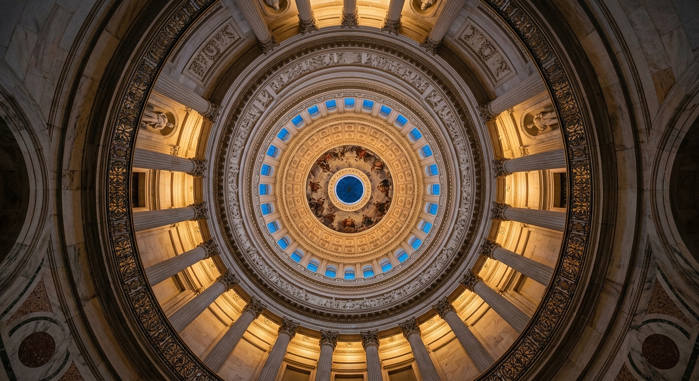 A view of a circular dome with intricate architectural details and lighting.