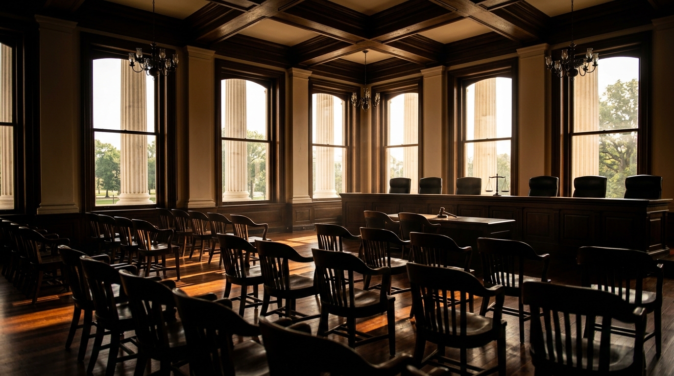 A courtroom interior with wooden chairs and large windows allowing natural light.