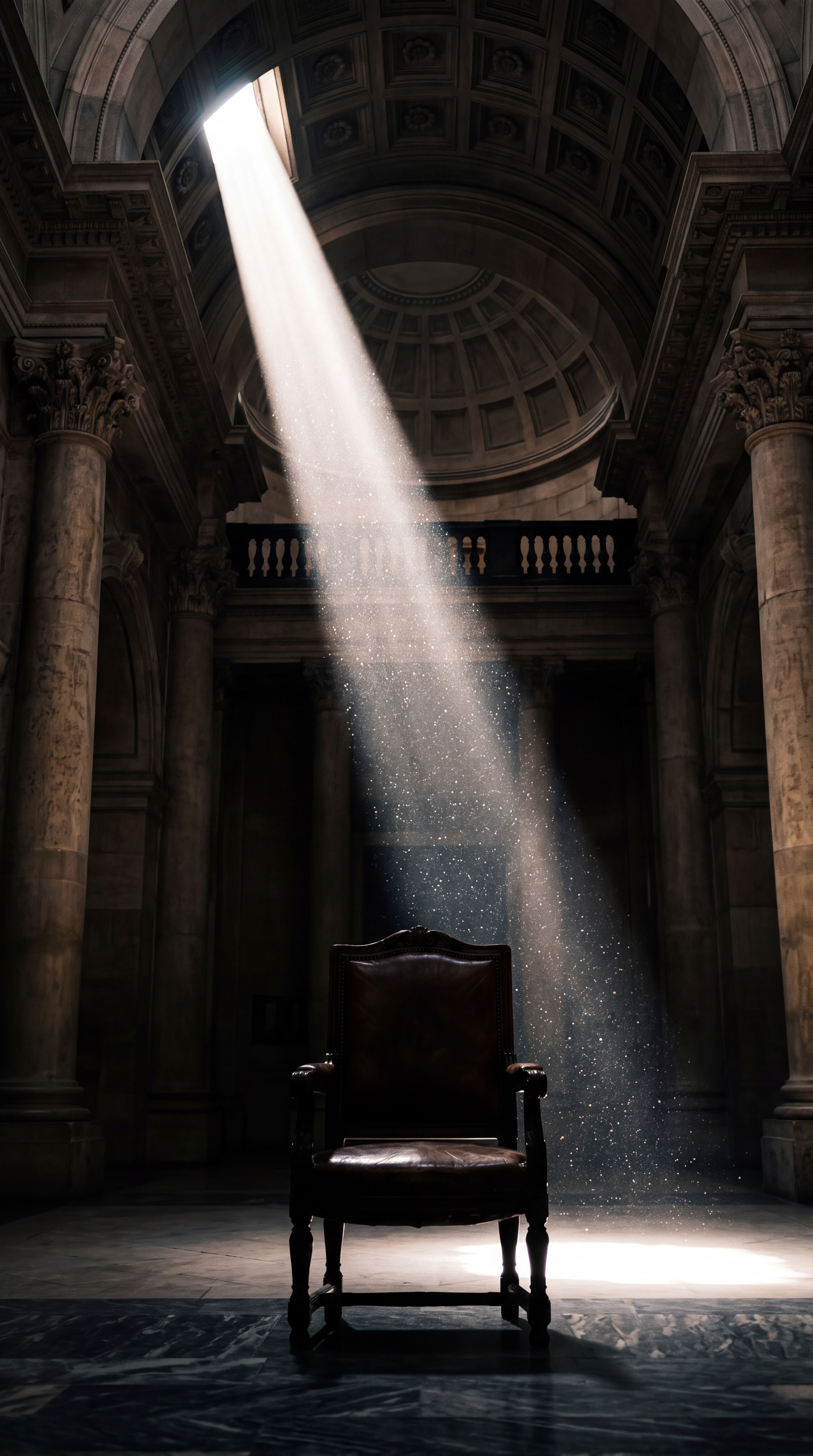 A solitary chair is illuminated by a beam of light in a grand, empty hall.
