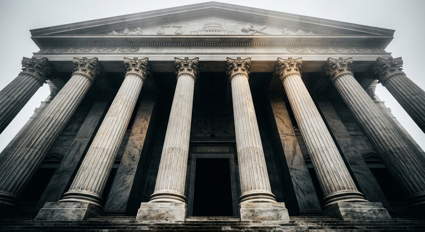A grand building with large columns and intricate carvings at the top.