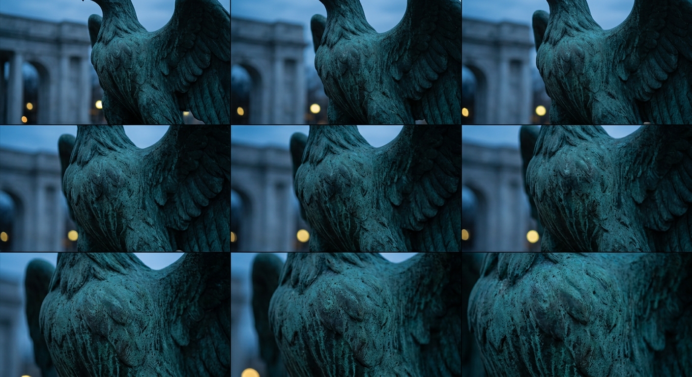 A close-up view of a bronze eagle statue with a blurred background.