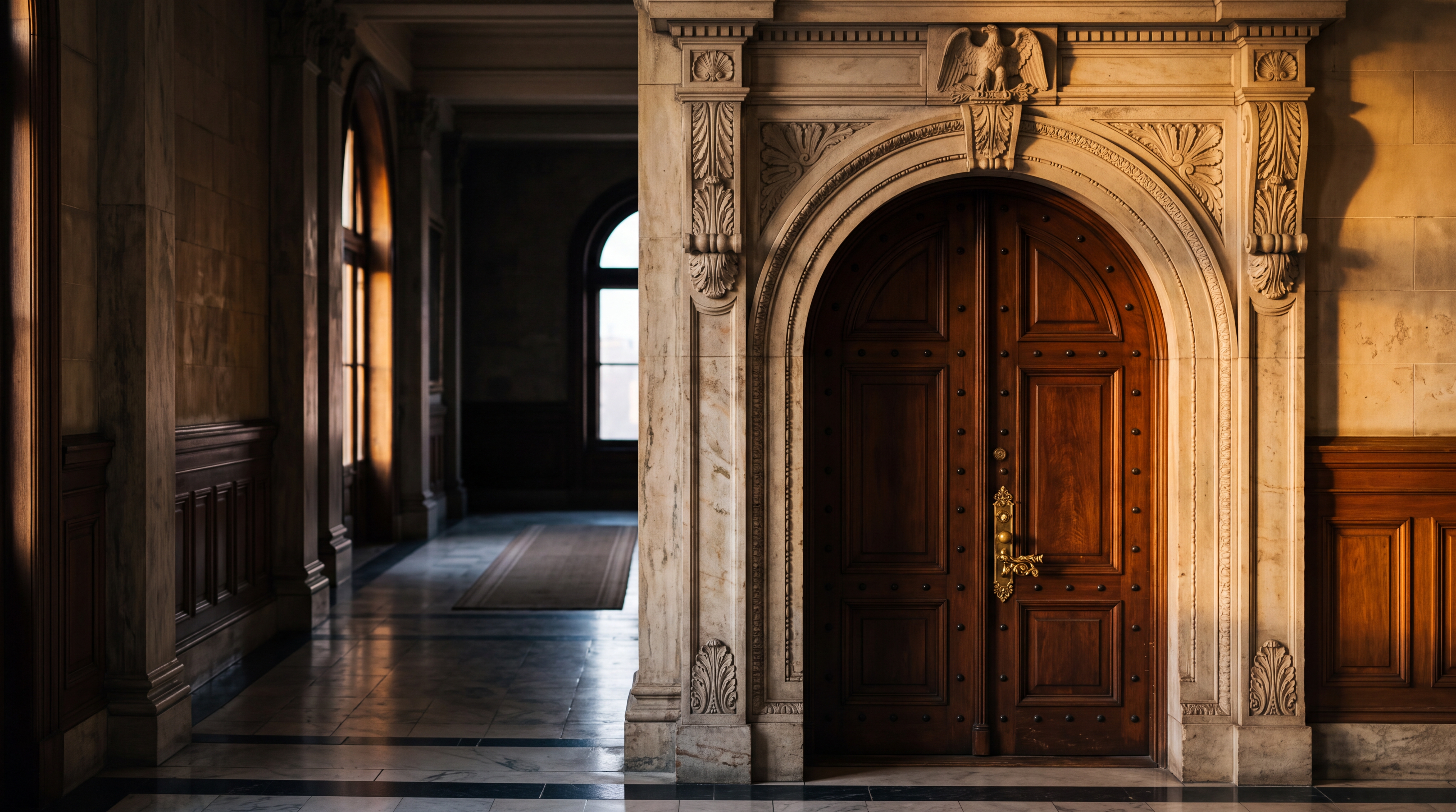 A beautifully ornate wooden door set in a marble hallway with large windows.