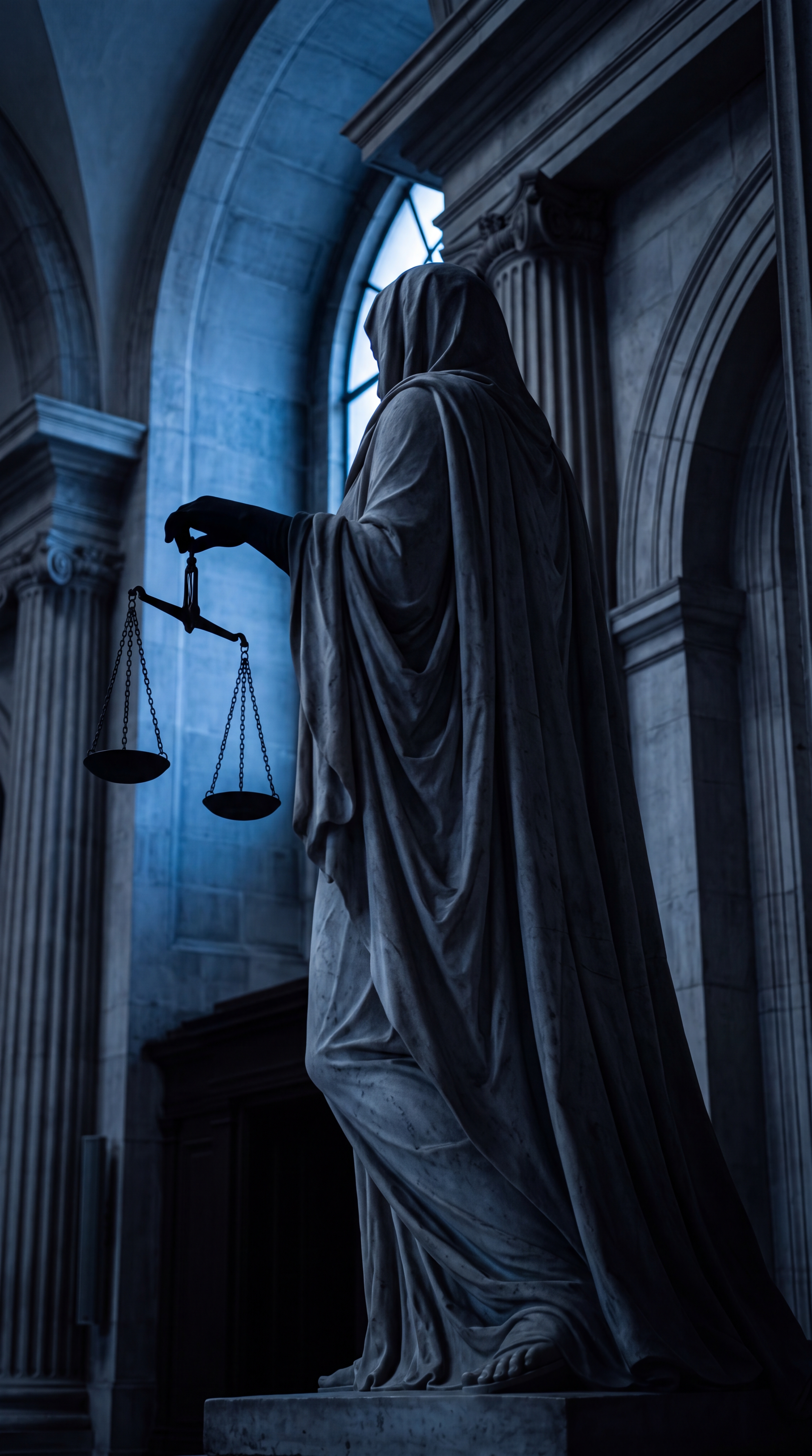 A statue of Lady Justice holding scales in a dimly lit architectural space.