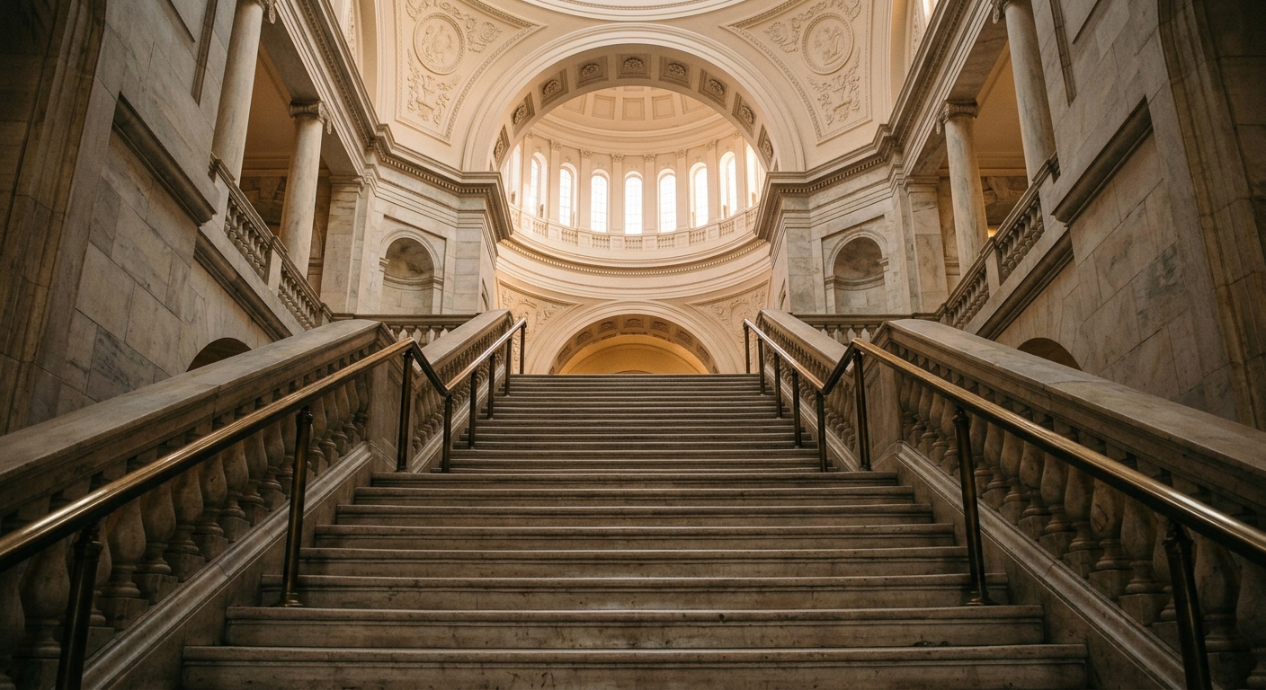 A grand staircase leading to a beautifully lit architectural space.