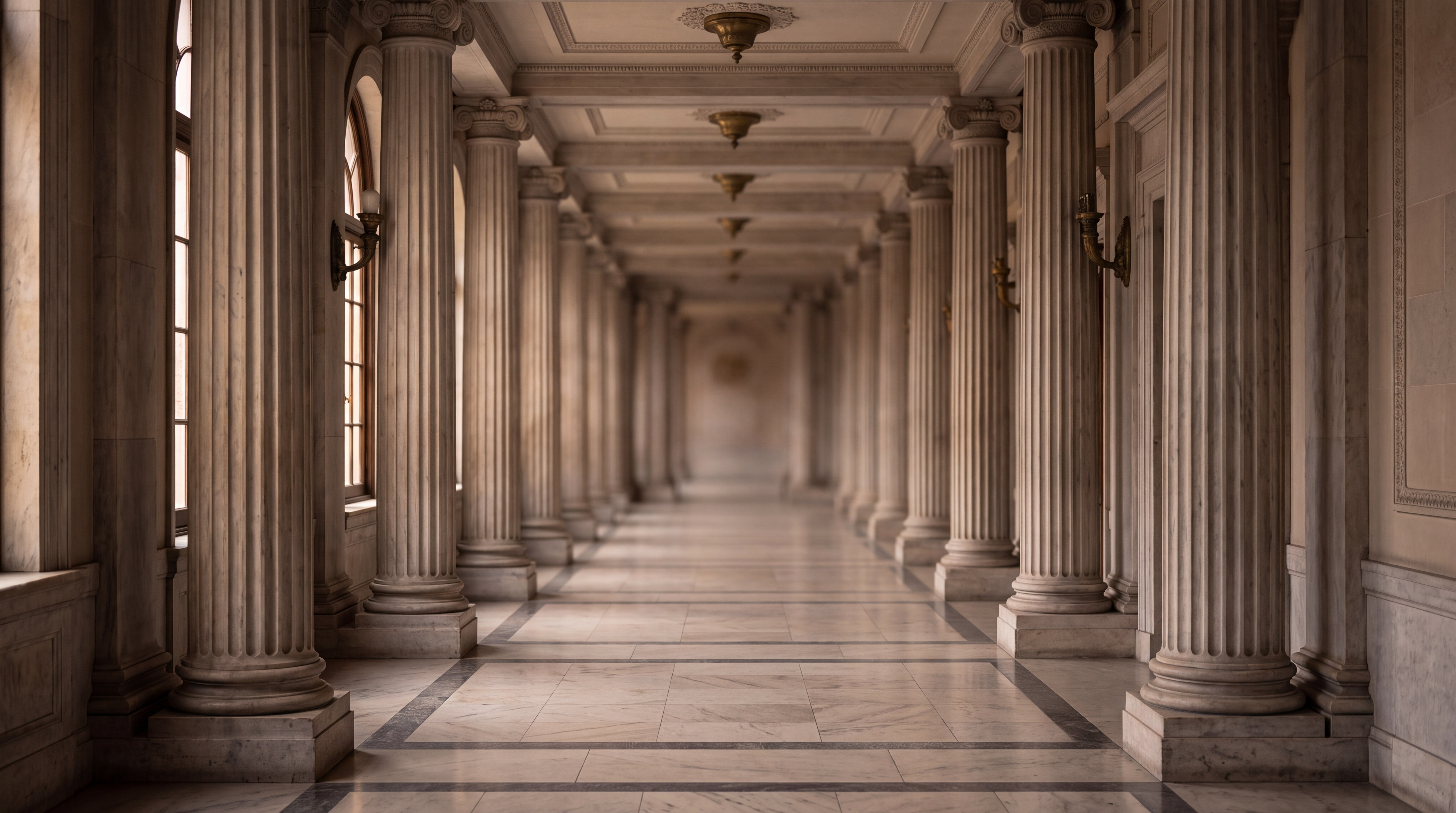 A long corridor lined with classical columns and marble flooring.