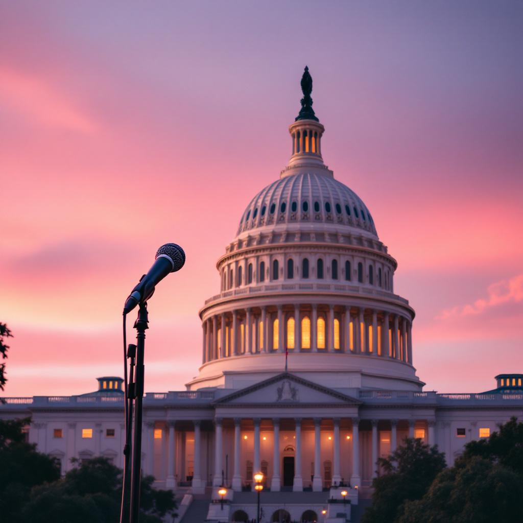 A microphone is positioned in front of a historic building at sunset.