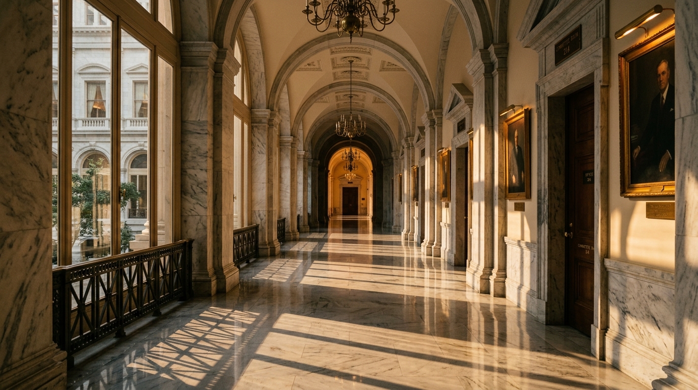 A marble corridor with arches and chandeliers, featuring portraits on the walls.