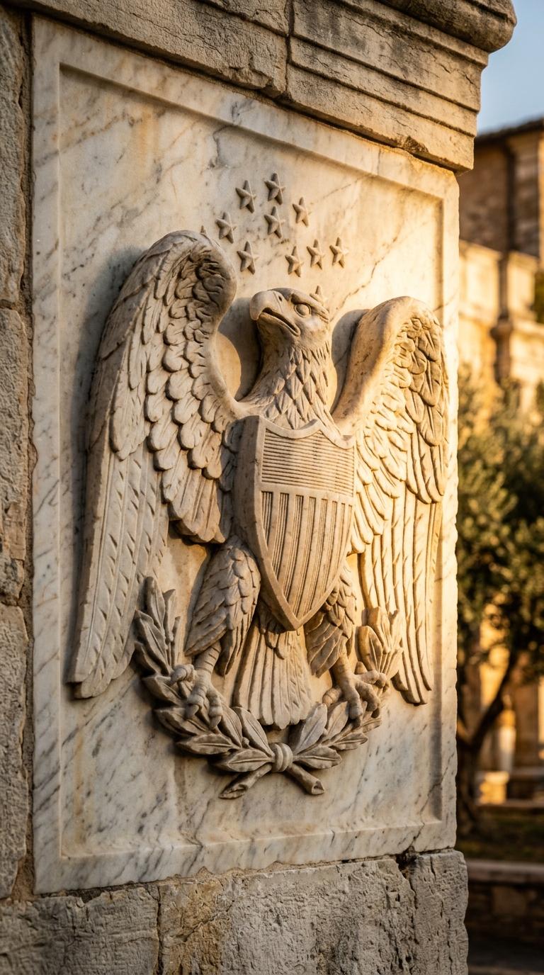 A carved eagle emblem with a shield and laurel wreath on a stone wall.