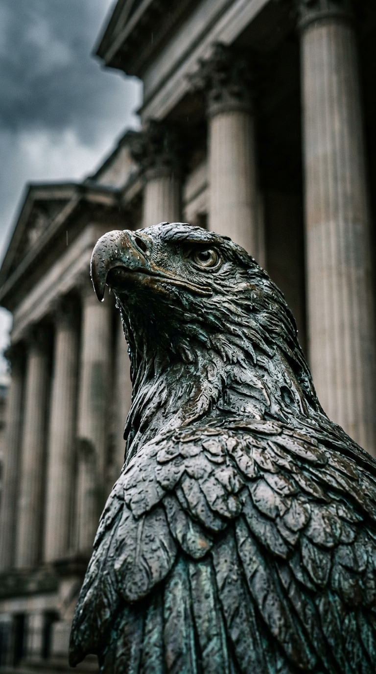 A close-up of a bronze eagle statue in front of a classical building.