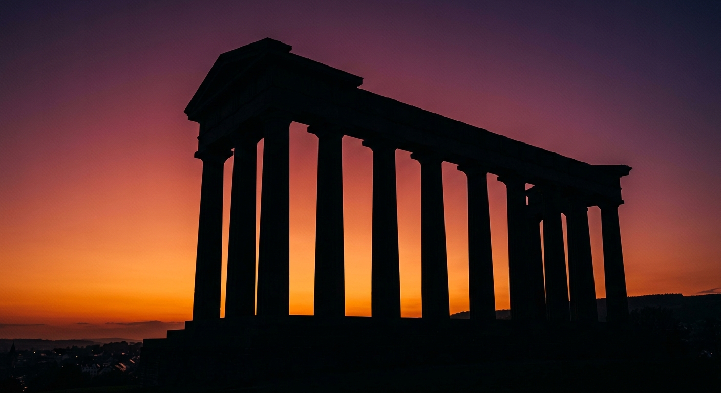 A silhouette of a classical temple structure against a colorful sunset.