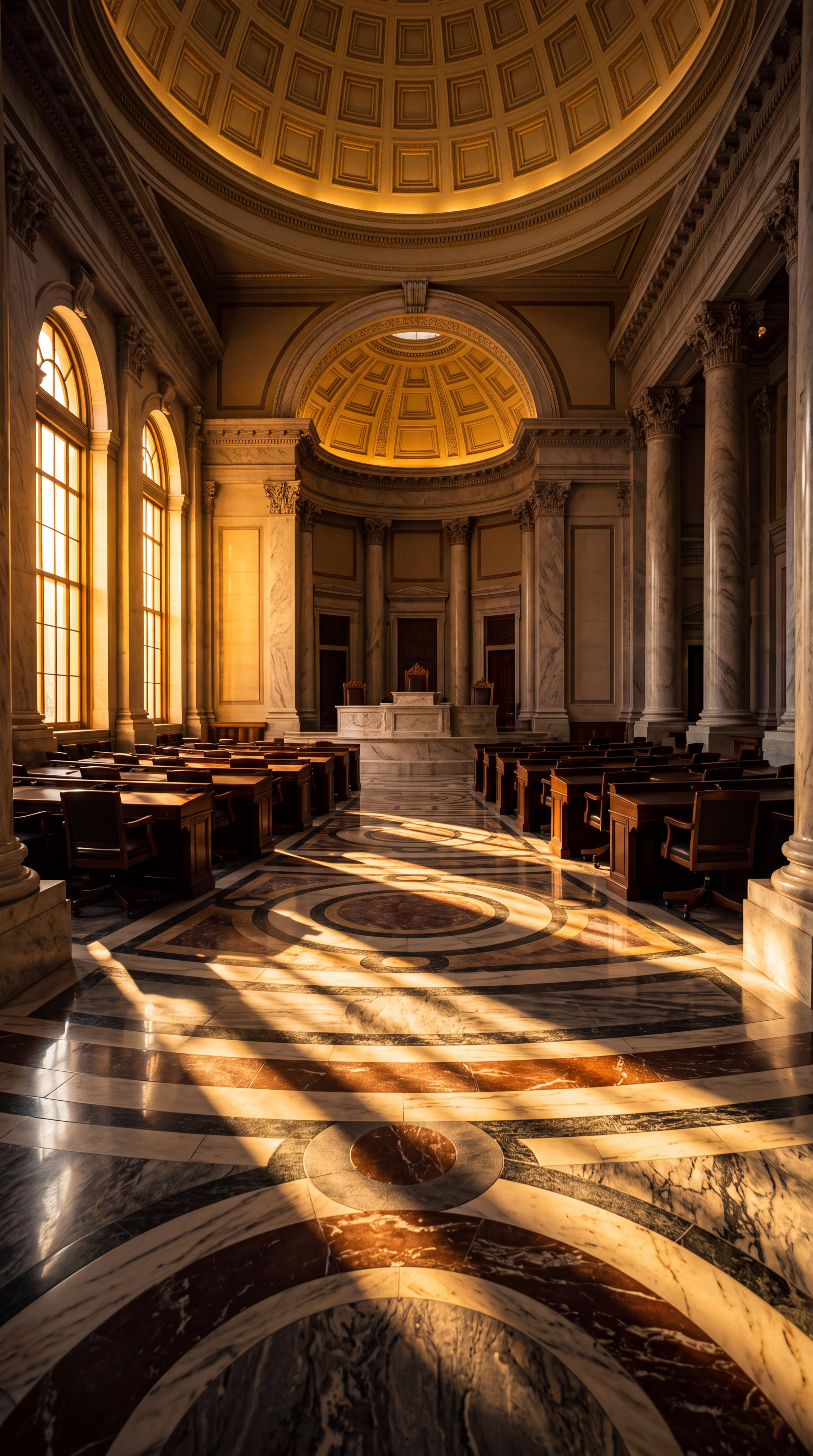 A grand interior of a courtroom with ornate architecture and sunlight streaming through large windows.