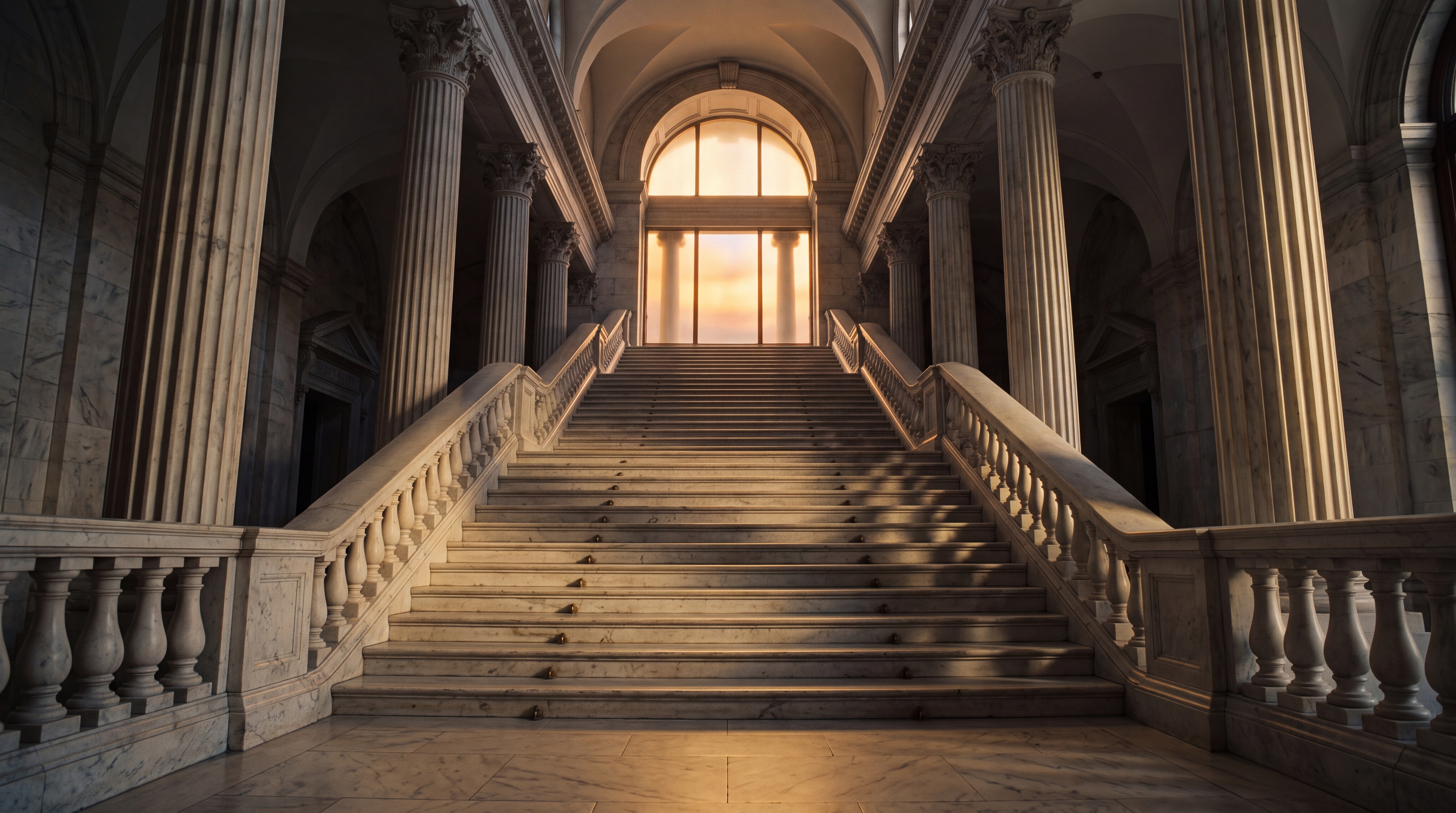A grand staircase leads to a large arched window illuminated by soft light.